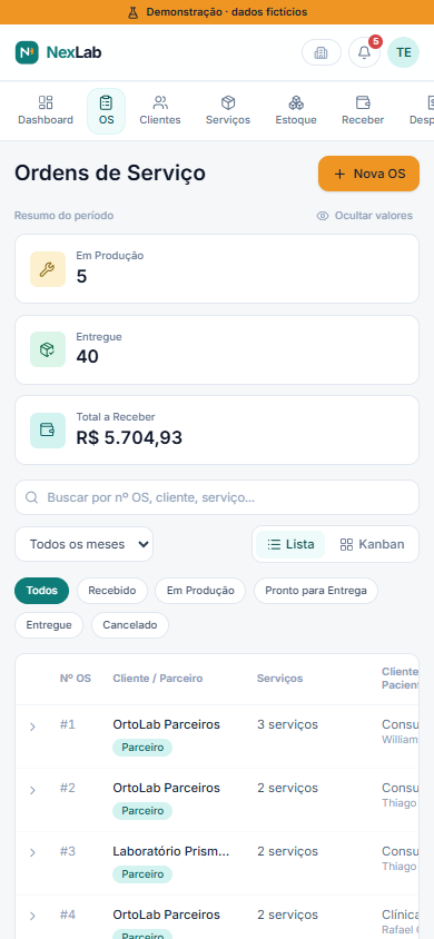 Tela mobile de Ordens de Serviço do NexLab com indicadores, filtros e lista