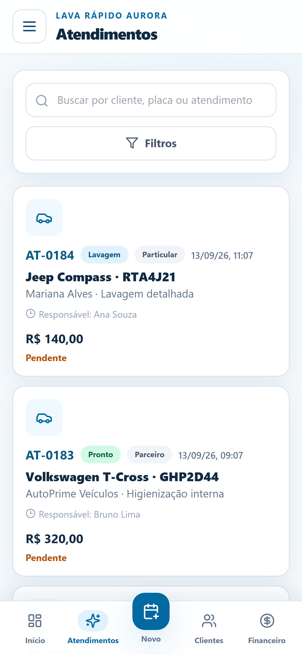Tela de atendimentos do NexWash funcionando no celular